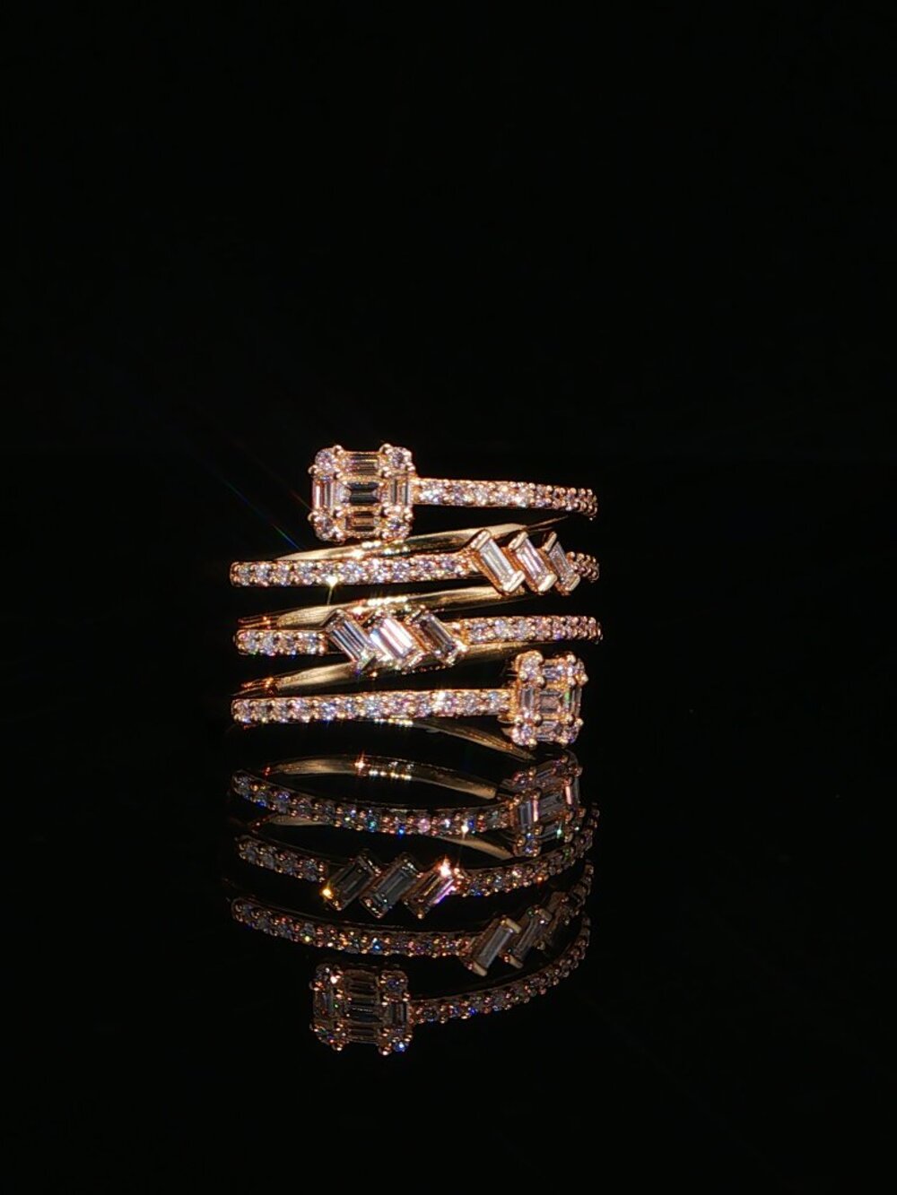14K Yellow Gold Spiral Coil Baguette & Pavé Diamond Ring